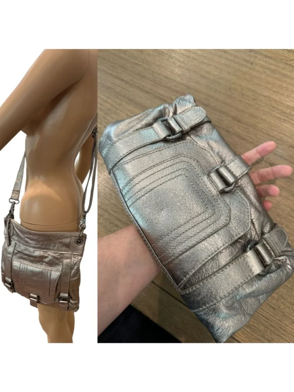 The Sak Leather Crossbody Clutch | Metallic Pewter | Versatile 2-Way